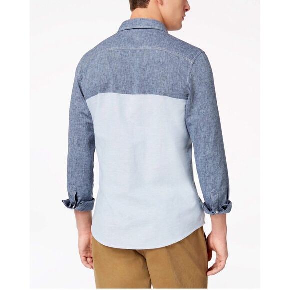 American Rag CIE Mens Linen Blend Colorblock Button Up Shirt - Blue, Size L - Picture 2 of 9